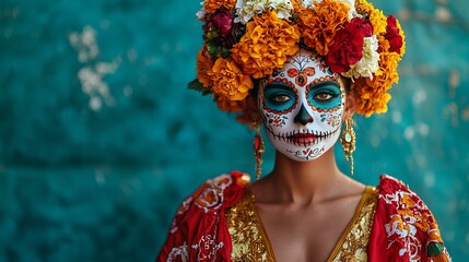 Fototapeta premium Colorful Day of the Dead Celebration with Traditional Makeup and Flowers