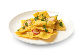 Delicious ravioli with microgreens and radish isolated on white