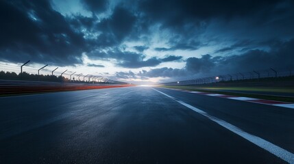 Dramatic Twilight Race Track Asphalt Road Dramatic Sky Stunning View Professional Photography High Quality Image Perfect for Sports Backgrounds Websites Brochures Advertising Materials Design Projects