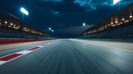 Fototapeta premium Night Race Track Asphalt Illuminated Grand Prix Racing Circuit Professional Sports Car Competition Speed Velocity Dynamic Dramatic Powerful Adrenaline Rush Exciting Nighttime Asphalt Road Track 