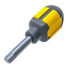 A simple illustration of an all-metal, short-head screwdriver with gray and yellow coloring, against a white background