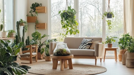 Fototapeta premium A beautifully decorated living space filled with indoor greenery plants