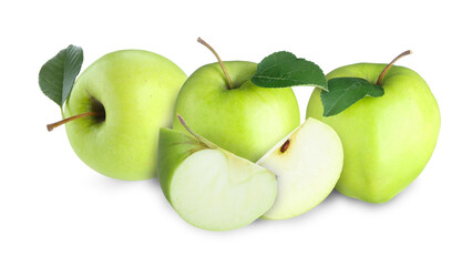 Fresh juicy green apples isolated on white. Whole and sliced