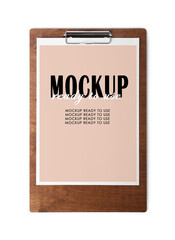 Clipboard with sheet of paper on white background. Mockup Ready To Use