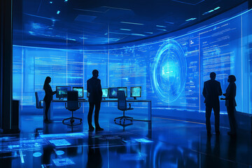 Futuristic Data Center Team Monitoring Digital Networks, Cybersecurity