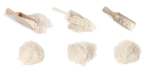 Brown rice flour isolated on white, collage