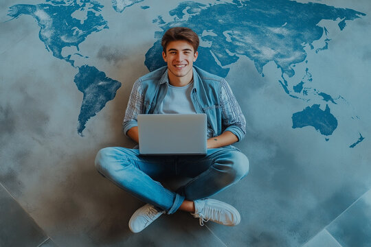 Smiling Student Laptop World Map Global Education Study Online