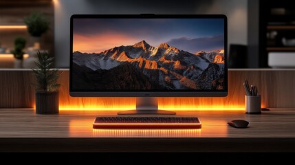 Modern Workspace Setup with Illuminated Desk and Computer Display Featuring Mountain Landscape