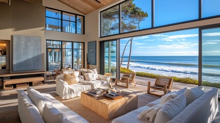 Fototapeta premium Luxurious modern living room boasts expansive ocean views and natural light