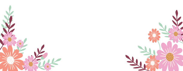 Floral corner frame with pink and coral flowers and green leaves on white background – decorative spring design for invitations, greeting cards, seasonal banners, and digital print templates