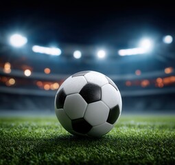 Fototapeta premium Soccer ball on a lush green field under stadium lights.