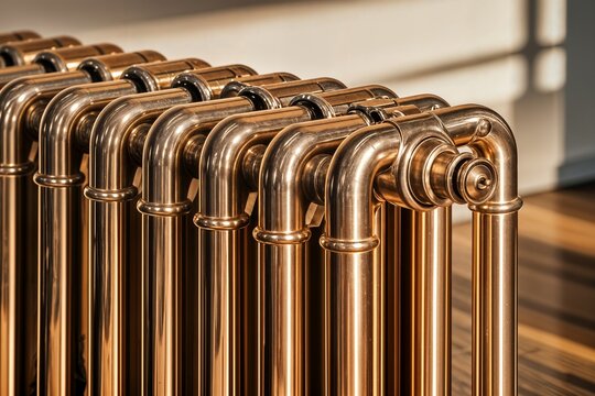 close up of a radiator sleek copper radiator intricate tubing details copper pipe radiator design concept elegante radiador de cobre intrincados detalles de tuber&iacute;a tubo de cobre concepto dise&ntilde;o bakır