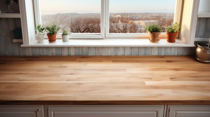 Fototapeta premium top view of empty clean wooden kitchen countertop standing near window, table, desk, place for layout, copy space, furniture, pots with plants, home flower