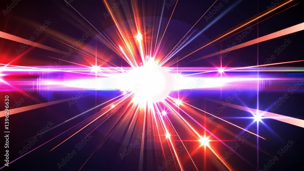Poster vibrant light bursts with colorful rays and sparkles create energetic display against dark backgroun