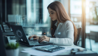 Businesswoman Analyzing Data Graphs on Laptop, Modern Office