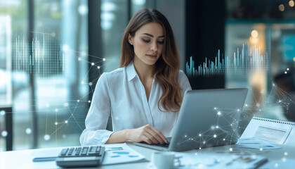 Businesswoman Analyzing Data Graphs Charts Laptop Technology Office
