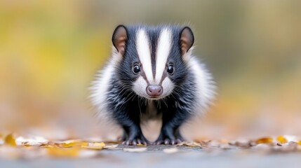 Obraz premium Adorable baby skunk in autumn leaves