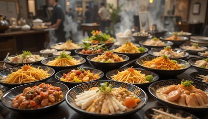 Asian Food Catering Buffet with Variety of Dishes