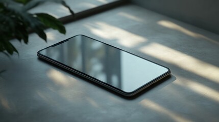 Modern Smartphone Resting on a Textured Surface with Natural Light and Greenery in the Backgrou