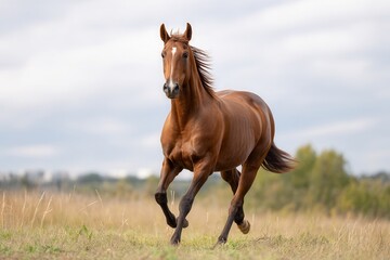 Majestic brown horse galloping freely in the field.