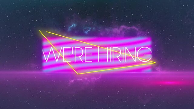 Glowing neon We're Hiring text with vibrant colors over cosmic animation background