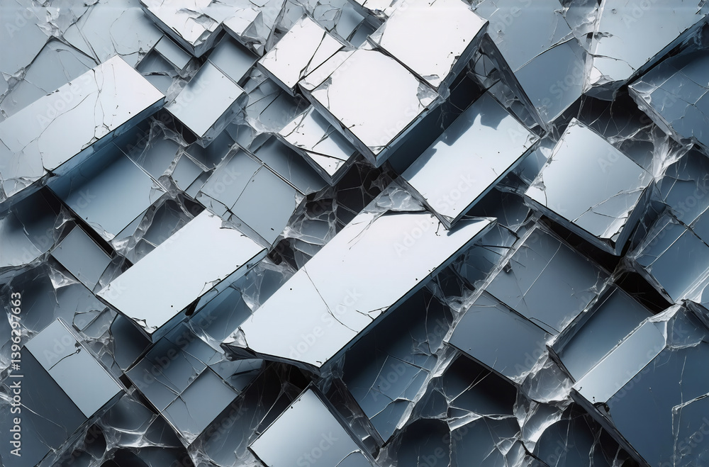 Poster fragmented and sharp, a cool blue-grey surface is shattered into geometric pieces, creating an abstr