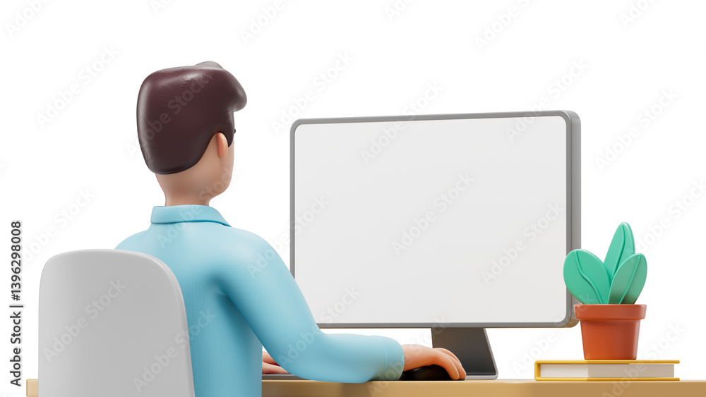 Poster a man sits at a desk facing away from the viewer, working on a computer symbolizing focus and concen