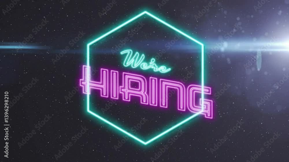 Aufkleber glowing animation of neon hexagon with we're hiring text against starry background