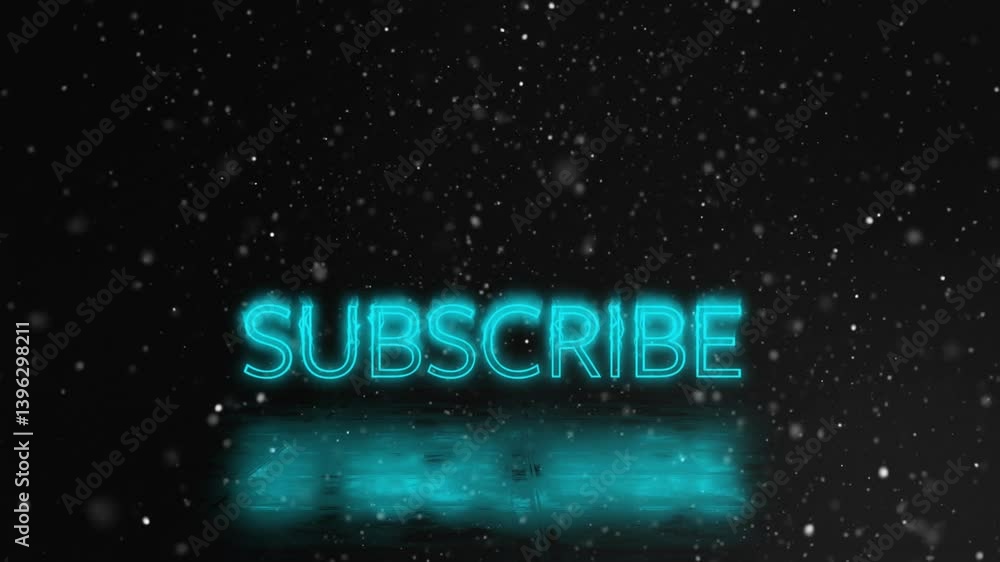Aufkleber animation of glowing subscribe text with falling snowflakes on dark background
