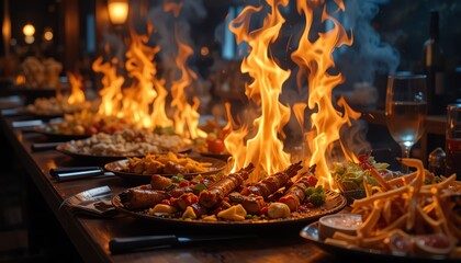 Fototapeta premium Flaming Food Catering Display at Restaurant Buffet
