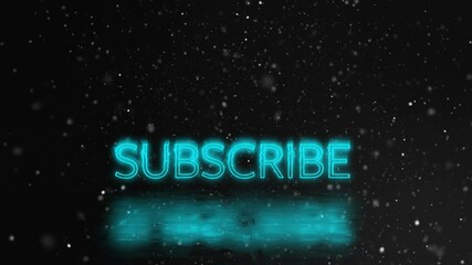 Animation of glowing SUBSCRIBE text with falling snowflakes on dark background - Powered by Adobe