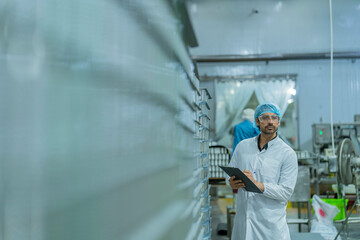 Professional in protective attire overseeing a manufacturing line, representing commitment to quality assurance, industrial innovation, and productivity in a controlled workspace.