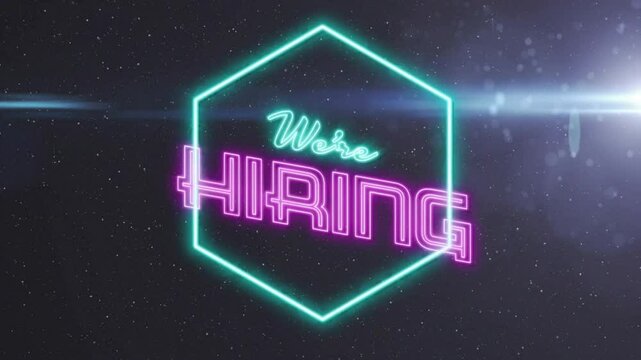 Glowing animation of neon hexagon with We're Hiring text against starry background