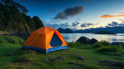 Orange Tent Camping Lakeside Mountain Scenery Peaceful Sunrise Nature Adventure Travel Beautiful Landscape Breathtaking View Serene Outdoors Tranquil Camping Trip Majestic Mountains Scenic Vista      