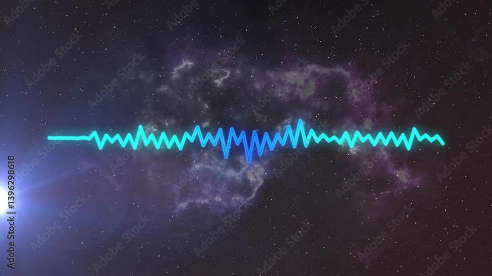 Poster soundwave animation over cosmic starry background with nebula in space