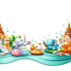 A cheerful cartoon banner celebrating Songkran festival features adorable Thai elephants, a cute Buddha statue, lotus flowers, and traditional temples perfectly designed for