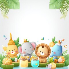 Naklejka premium A charming Songkran festival illustration features adorable cartoon animals like elephants and lions enjoying refreshing citrus drinks on floating watermelons amidst lush tropical