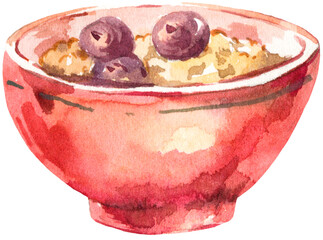 Red bowl of yogurt with berries  isolated watercolor transparent PNG illustration