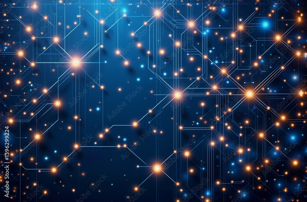 Poster abstract depiction of glowing nodes interconnected by fine lines on a deep blue gradient background,