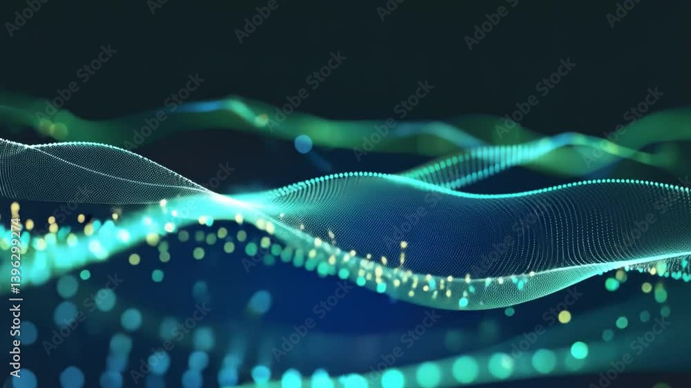 Poster vibrant abstract digital waves with glowing particles in blue and green create mesmerizing movement 