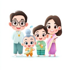 Obraz premium A cheerful Thai family portrait illustration perfect for Songkran celebrations showcasing parents and two children dressed in traditional clothing du the vibrant Thai New Year