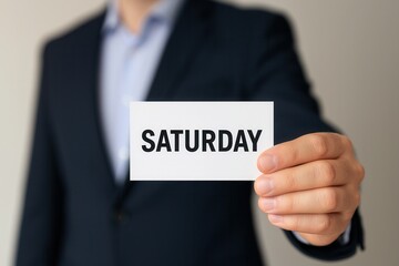 Obraz premium Businessman showing card with saturday writing