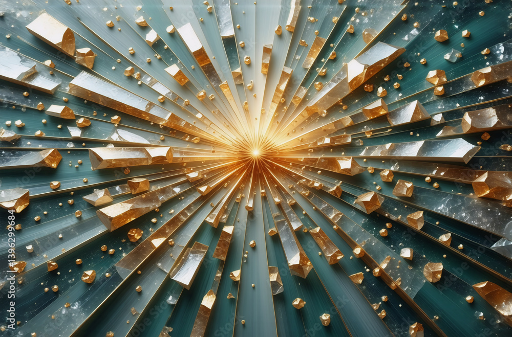 Poster abstract digital art. golden blocks and shards radiate from a central point of bright light against 