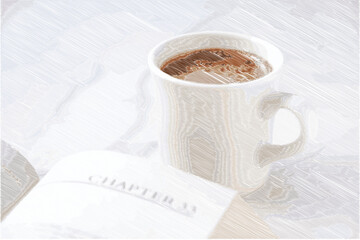 ゆっくりコーヒーを楽しんでいる、手書き風のコーヒーブレイクのイメージ（ベクター素材）

