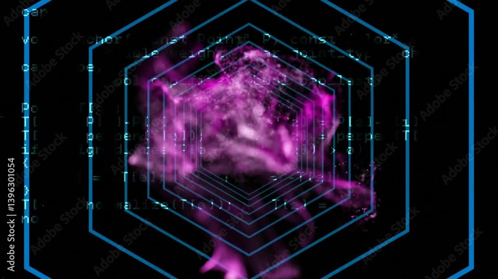 Poster animation of digital data overlaying hexagonal grid on vibrant purple background