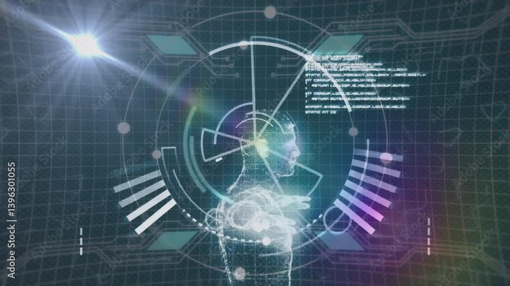 Poster animation of holographic human figure with digital data visualization elements
