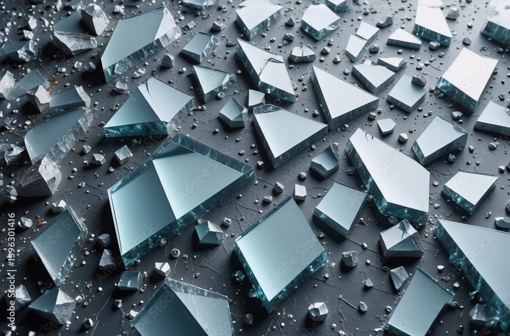 Poster scattered fragments of clear glass reflect light on a dark textured surface. broken, sharp pieces ar