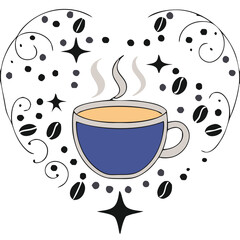 Heart Shaped Coffee Designs – Romantic Coffee Cup Illustrations with Beans, Steam, and Decorative Elements for Café Branding and Valentine’s Day.