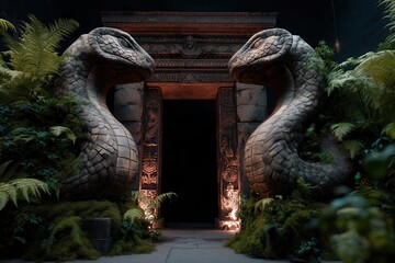 Obraz premium Ancient stone serpent statues guarding a mystical entrance.