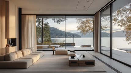Fototapeta premium Modern living room with large windows and a scenic view